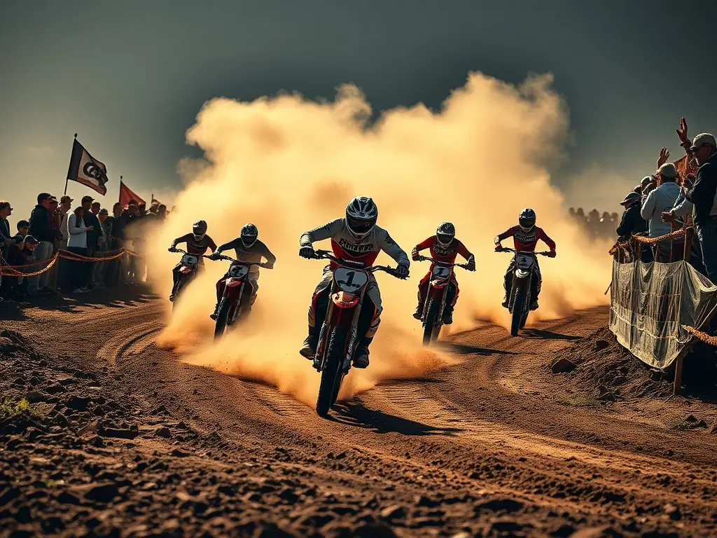 A motocross event showcasing riders competing on a challenging course, with spectators cheering them on. The image highlights the excitement and competitive spirit of motocross events.