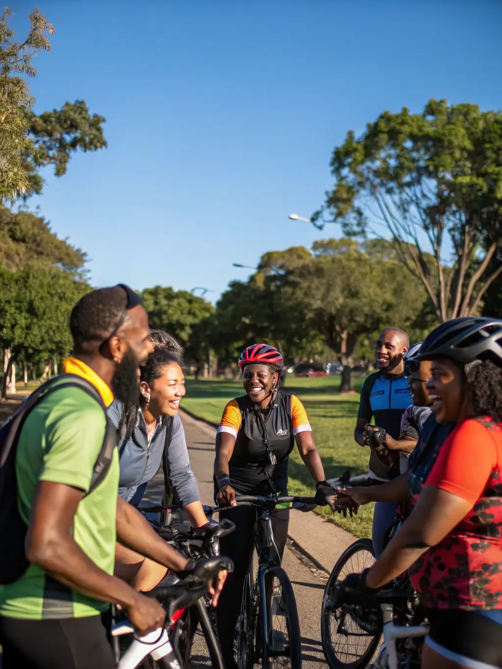 A diverse group of motocross enthusiasts participating in an event organized by LES CAGOUILLES GUIDONNEES, showcasing the organization's commitment to inclusive access to mechanical sports.