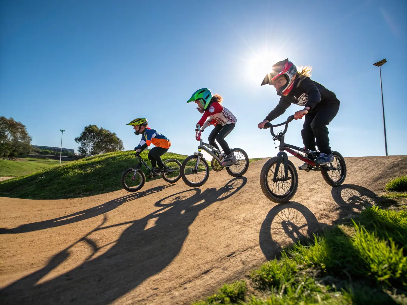 A group of young motocross riders participating in a training session on a dirt track, with instructors providing guidance and support. The scene captures the energy and enthusiasm of youth involvement in motocross.