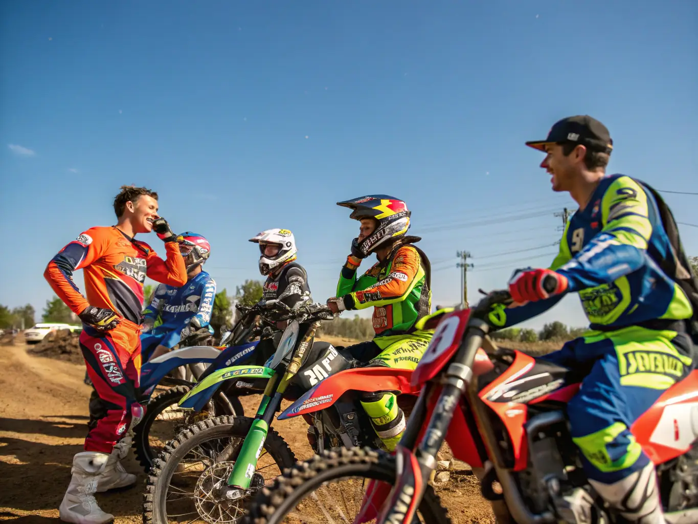 A diverse group of motocross enthusiasts participating in a community event, showcasing the inclusive and supportive atmosphere of LES CAGOUILLES GUIDONNEES.