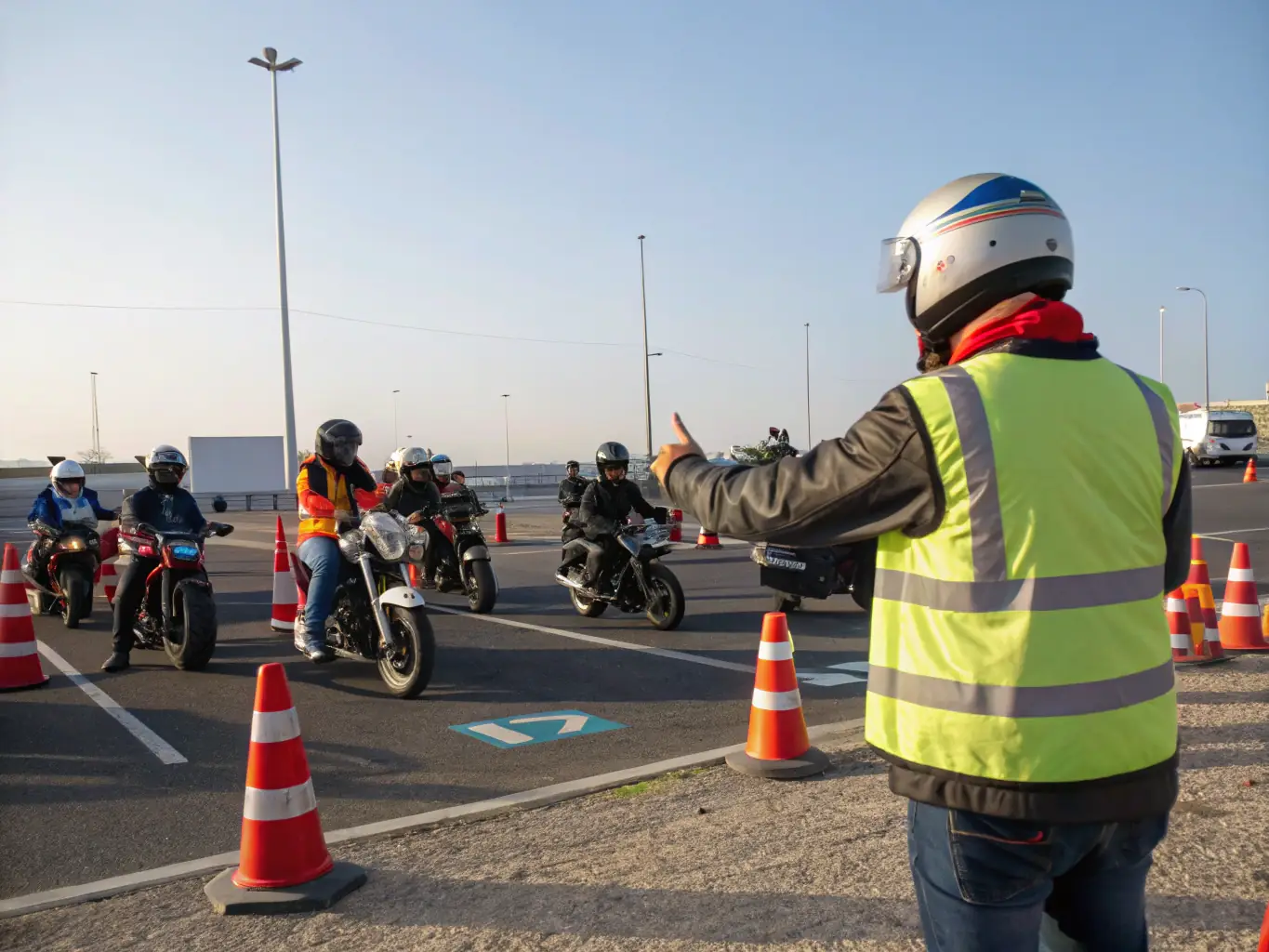 A group of experienced motocross instructors demonstrating advanced riding techniques to a group of attentive students.